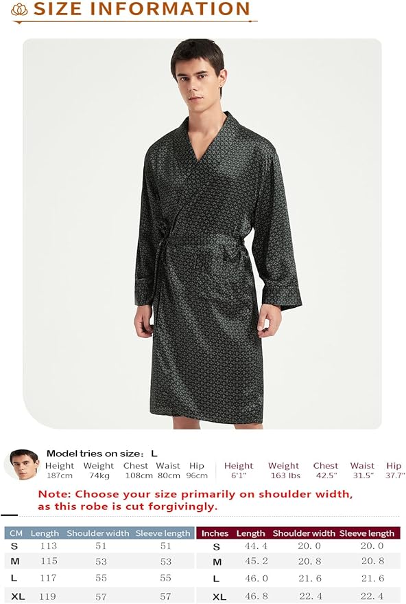 Men's 100% Mulberry Silk Long Robe Kimono Paisley Print Bath Robe, Heavy Silk 19 Momme Dressing Gown