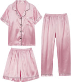 Hupohoi Unisex Girls Boys Kids Pajama Sets Button Down Satin Sleepwear Nighty 3PCS Silky Lounge Sets Nightwear