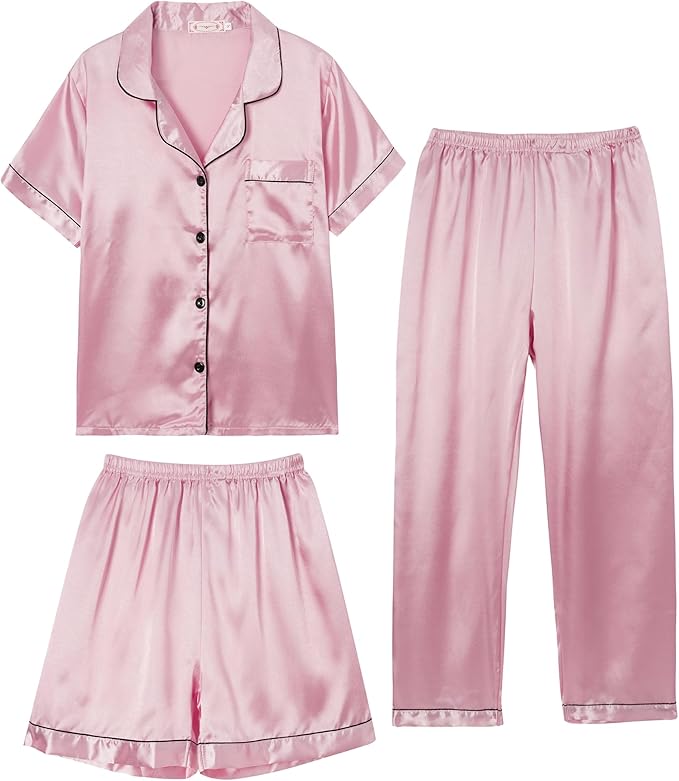 Hupohoi Unisex Girls Boys Kids Pajama Sets Button Down Satin Sleepwear Nighty 3PCS Silky Lounge Sets Nightwear