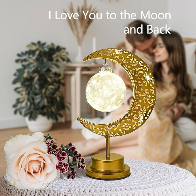 Decorative Table Lamp, Crescent Moon Lamp Ramadan Table Decor, Battery Powered Christmas Ramadan Desk Lamp Decorations for Home, Patterned Hollow Out Warm Boho Light for Bedrooms Nightstand