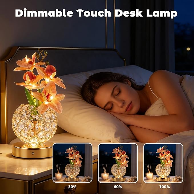 Flower Table Lamp, Orchid Flower with Crystal Vase Lamp, Cordless Touch Desk Light, 3 Colors Dimming & Rechargeable, Small Night Light for Bedroom Home, Romantic Gifts for Girl Women (White)