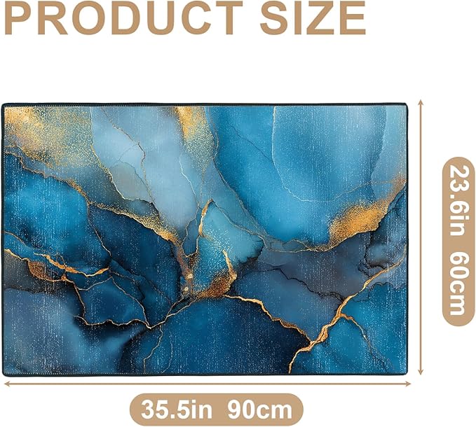 Blue Marble Area Rug 2x3 ft Entry Rug Washable Boho Rugs Non Slip Low Pile Floral Door Mat Small Carpet for Bedroom, Bedside, Kids Room, Office, Dining Room