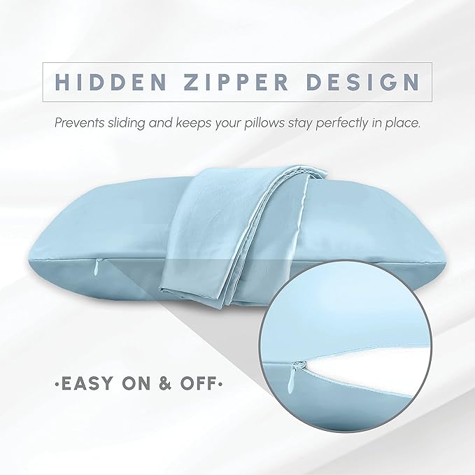Elegant Comfort 6-Pack Baby Blue Satin Pillowcase Set with Hidden Zipper Closure, Silky Smooth for Hair and Skin Care - Standard/Queen