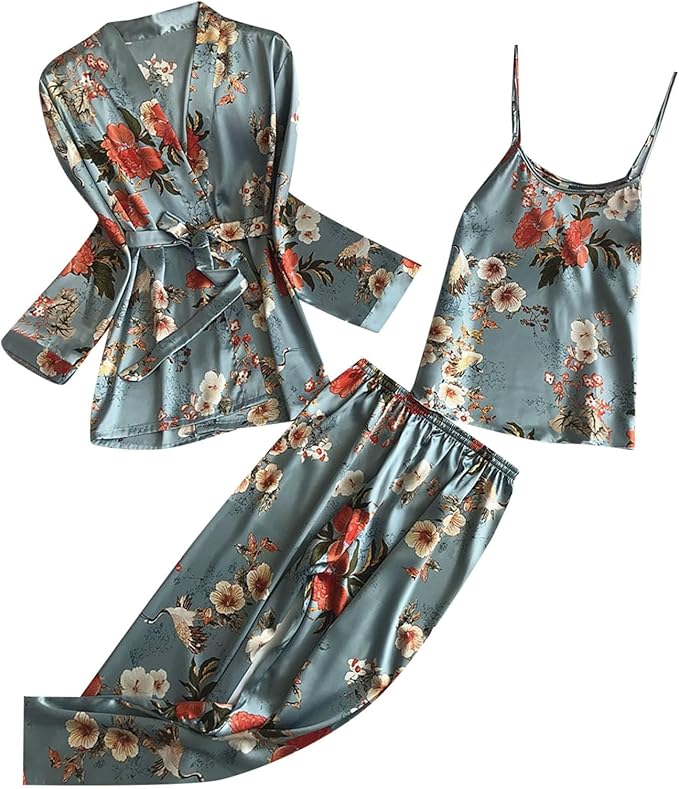 3 Piece Floral Pajama Set for Women Silk Satin Printed Cami Tops and Pants Set with Robe Sleepwear Loungewear Pj Sets