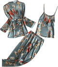 3 Piece Floral Pajama Set for Women Silk Satin Printed Cami Tops and Pants Set with Robe Sleepwear Loungewear Pj Sets