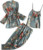 3 Piece Floral Pajama Set for Women Silk Satin Printed Cami Tops and Pants Set with Robe Sleepwear Loungewear Pj Sets