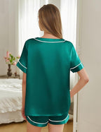 Silk Pajamas for Women Short Sleeve Satin 2 Piece Pj Set Soft V Neck Sleepwear Loungewear, S-XXL