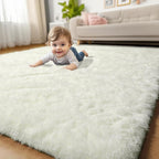 Amdrebio Ivory Area Rugs for Living Room Bedroom, 8x10 Big Large Soft Fluffy Neutral Carpet for Kids Room, Shaggy Thick Fuzzy Floor Rugs for Apartment Playroom Nursery Classroom, Furry Cream White Rug