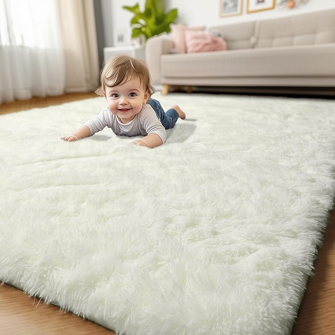 Amdrebio Ivory Area Rugs for Living Room Bedroom, 8x10 Big Large Soft Fluffy Neutral Carpet for Kids Room, Shaggy Thick Fuzzy Floor Rugs for Apartment Playroom Nursery Classroom, Furry Cream White Rug