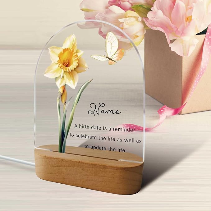 Personalized Birthday Gifts Acrylic Night Light Lamp Customized Birth Month Flower and Name Plaque Gifts for Women Mom from Daughter Son
