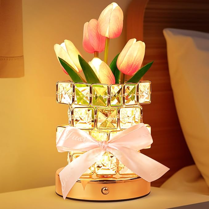 Tulip Flower Lamp Gifts for Women: Rechargeable Cordless Touch Crystal Table Lamp, Battery Powered Small Night Light, Mothers Day Birthday Present for Mom Grandma, Kitchen Bedroom Office Decor