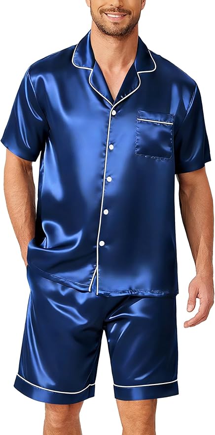 Ekouaer Mens Pajamas Set Silk Satin Sleepwear Short Sleeve Button Down Pjs Set 2 Piece Loungewear with Pockets S-XXL