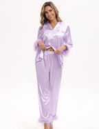 MORFORU Satin Pajama Set for Women Feather Trim Long Sleeve Pjs with Sleep Mask Headband Scrunchie Sleepwear Lounge Set
