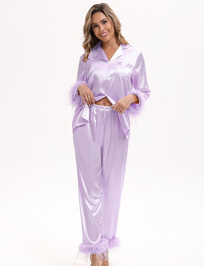 MORFORU Satin Pajama Set for Women Feather Trim Long Sleeve Pjs with Sleep Mask Headband Scrunchie Sleepwear Lounge Set
