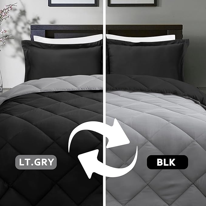HIG 3pc Black Full Size Comforter Set - All Season Reversible Down Alternative Comforter with Two Shams - Quilted Duvet Insert with Corner Tabs - Box Stitched Blanket - Breathable, Soft, Fluffy