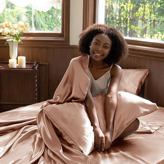 CozyLux Satin Sheets Full Size Sheets - 4 Piece Silky Full Size Bed Sheets, Luxury Salmon Pink Full Bed Set with Smooth and Soft Microfiber, Includes 1 Fitted Sheet, 1 Flat Sheet and 2 Pillowcases