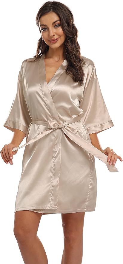 Women's Pure Short Kimono Robes Bride Bridesmaids Silky Bathrobe Lightweight Satin Sleepwear