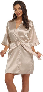 Women's Pure Short Kimono Robes Bride Bridesmaids Silky Bathrobe Lightweight Satin Sleepwear