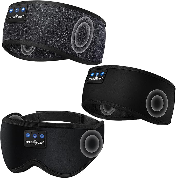 MUSICOZY Sleep Headphones Bluetooth Mask, Eye Masks with Headband, Sleeping Headphones for Side Sleepers Headband and Sleep Mask with Bluetooth Headphone Perfect for Sleeping