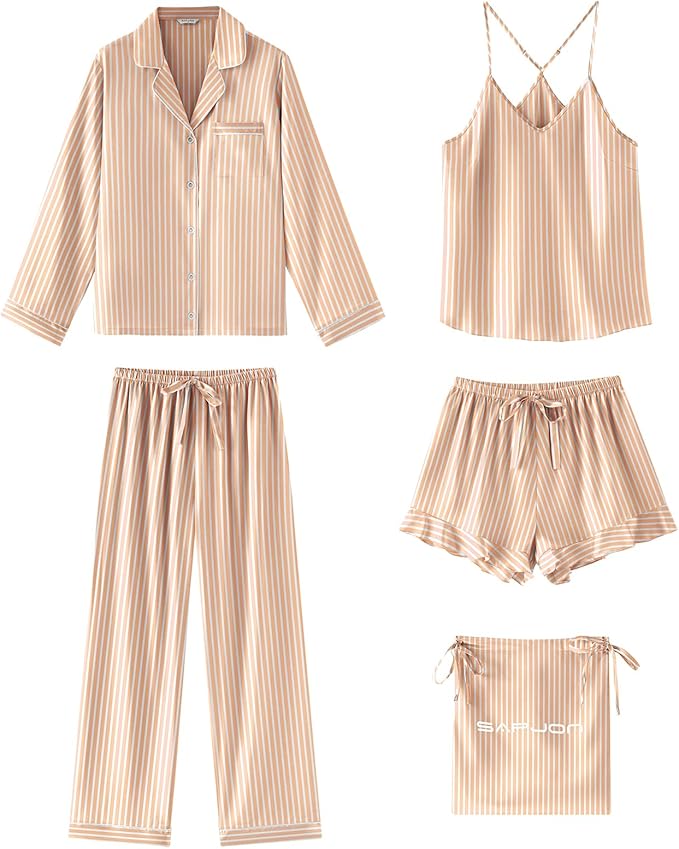 SAPJON Satin Silk Pajamas for Women Set 5PCS Classic Button Down Pajamas Top and Pants Cami and Ruffle Shorts Sleepwear