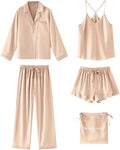 SAPJON Satin Silk Pajamas for Women Set 5PCS Classic Button Down Pajamas Top and Pants Cami and Ruffle Shorts Sleepwear