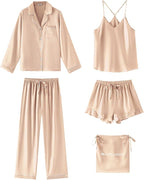 SAPJON Satin Silk Pajamas for Women Set 5PCS Classic Button Down Pajamas Top and Pants Cami and Ruffle Shorts Sleepwear