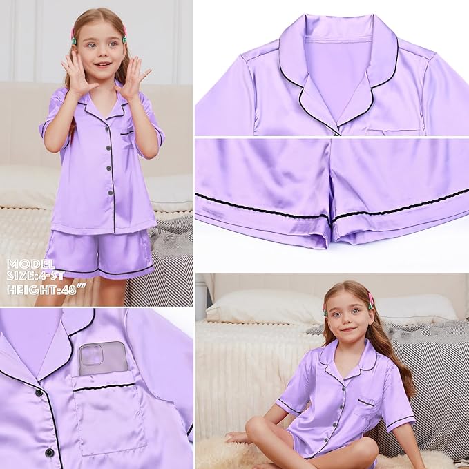 QPANCY Kids Satin Pajamas Sets Baby Boy Girl Button-Down Silk Sleepwear 2 Piece Short Sleeve Loungewear Clothes Set