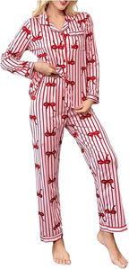 WDIRARA Women's 2 Piece Bowknot Print Satin Pajama Set Long Sleeve Button Down Lounge Pants Sleepwear Sets