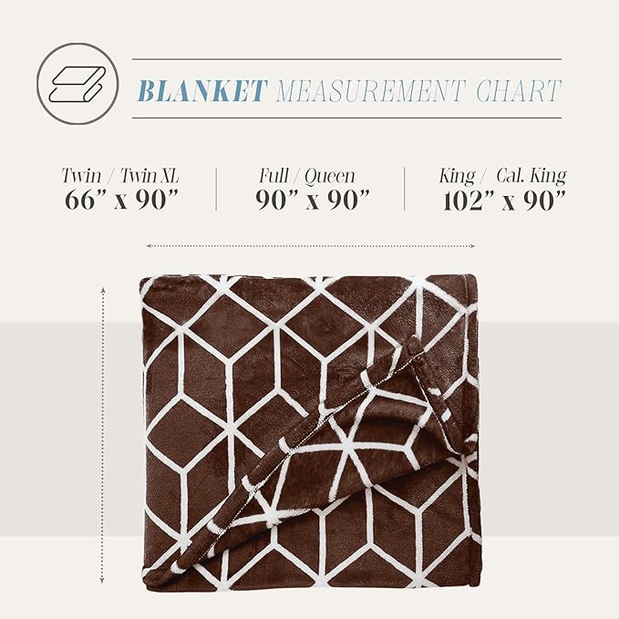 Elegant Comfort Luxury Velvety Feel Blanket, All-Season Lightweight Blanket, Ultra Plush, Soft, Cozy-Fuzzy Flannel Fleece for Couch, Sofa, Bed, Travel, Cube Design, Full/Queen, Chocolate Brown