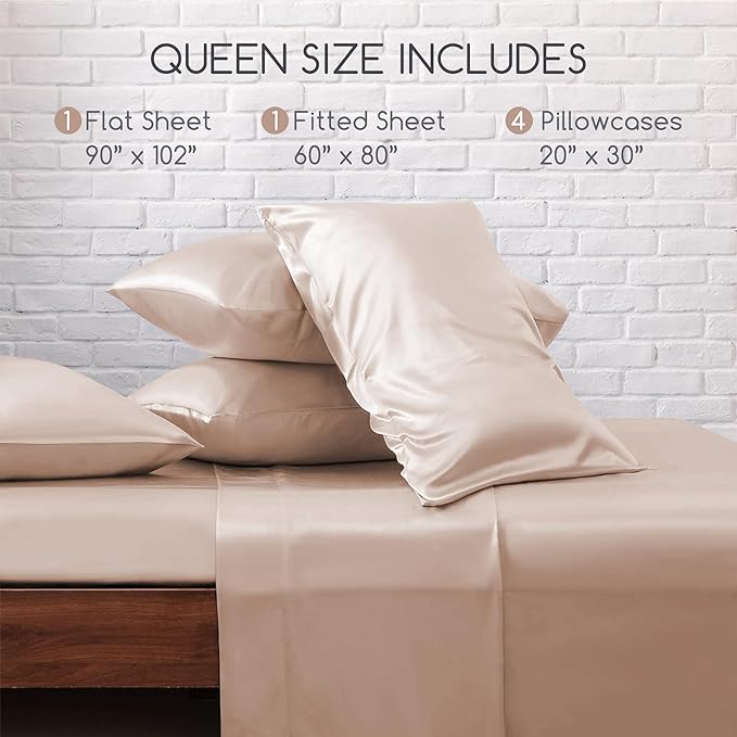 MR&HM Satin Bed Sheets, Queen Size Sheets Set, 6 Pcs Silky Bedding Set with 15 Inches Deep Pocket for Mattress(Queen, Taupe)