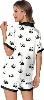 Ekouaer Womens Silk Satin Pajamas Set Animals Print Pjs Button Down Short Sleeve Lounge Set 2 Piece Sleepwear
