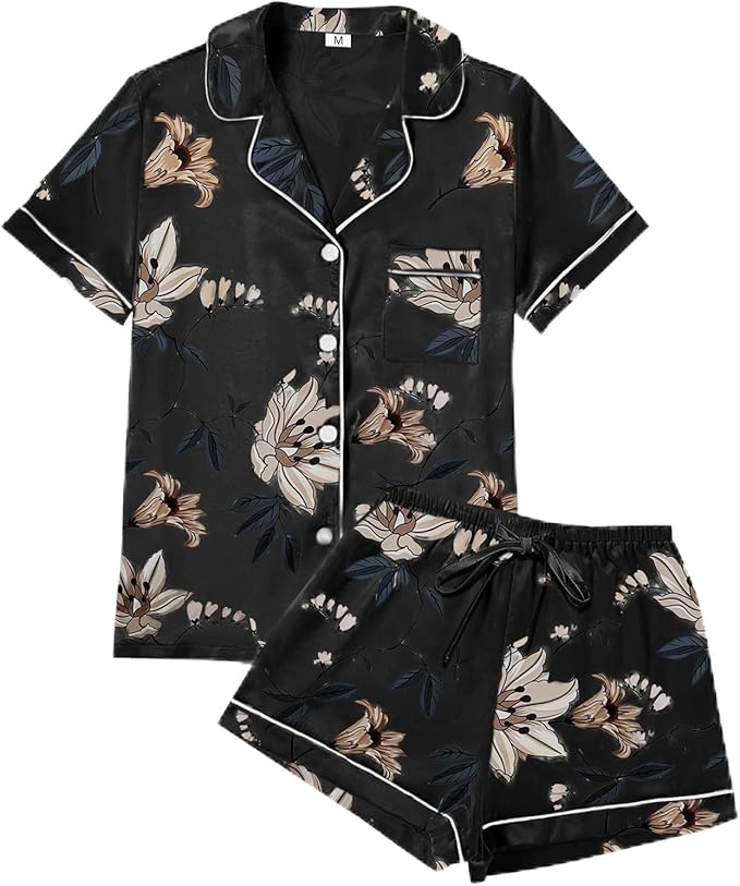 WJing Yi Jia 4Pcs Womens Satin Silky Pajama Sets Short Sleeve Shirt XS-4XL Floral Pajamas Set Soft PJ Loungewear Sleepwear