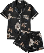 WJing Yi Jia 4Pcs Womens Satin Silky Pajama Sets Short Sleeve Shirt XS-4XL Floral Pajamas Set Soft PJ Loungewear Sleepwear