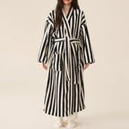Oplxuo Women's Fuzzy Fleece Robe Long Striped Plush Bathrobe Warm Thick Fluffy Oversized Loungewear Maxi Robes with Pockets