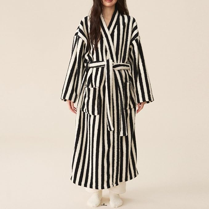 Oplxuo Women's Fuzzy Fleece Robe Long Striped Plush Bathrobe Warm Thick Fluffy Oversized Loungewear Maxi Robes with Pockets