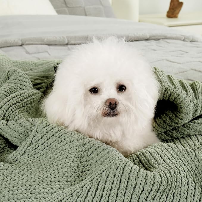 Amélie Home Knit Throw Blanket, Soft Chenille Cozy Breathable Chevron Chunky Decorative Blanket for Couch, Bed & Sofa, French-Inspired Lightweight Warm Gift for Women, Sage Green, 60"x80"