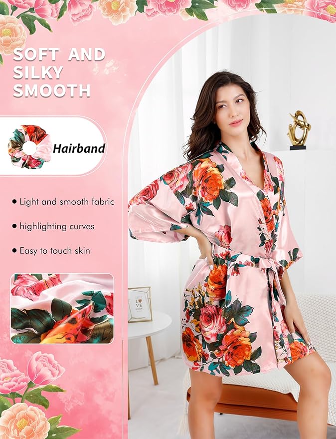 EPLAZA Silk Robes for Women Satin Robe Short Sexy Print Flower Kimono Loungewear Wedding Bridal Party