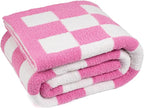 Carriediosa Checkered Throw Blanket 60" X 80" Twin, 400GSM Ultra Soft Microfiber Fuzzy Fluffy Reversible Cute Preppy Knitted Blankets Cozy Plush Fall Throws for Couch, Bed, Sofa, Hot Pink