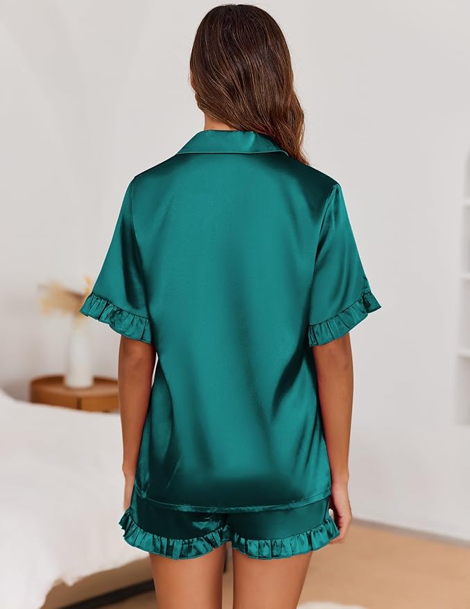 Ekouaer Satin Pajama Set for Women Button Down Silk 2 Piece Pj Sets Ruffle Short Sleeve Sleepwear