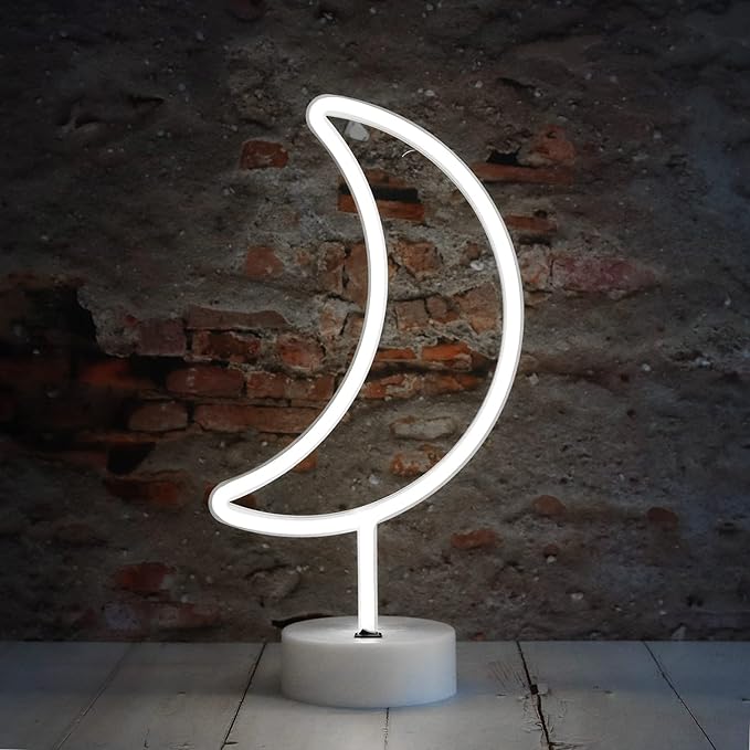 Neon Moon Lights - LED Moon Decor Neon Signs Art Decorations Crescent Night Lights Lamp for Party Supplies, Children Kids Girls Gift - Moon with Holder Base (White)