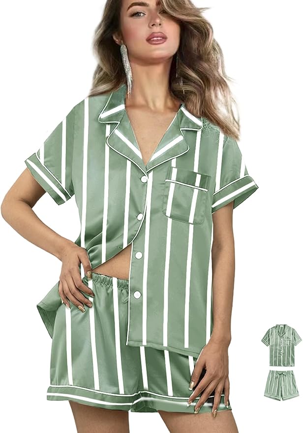 WJing Yi Jia Womens 3Pcs Satin Pajamas Set Floral Silk Pajama Sets Stripe Lounge Set Silky Sleepwear XS-2XL Pjs Long Scarves