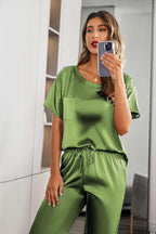 Ekouaer Womens Satin Silky Pajama Set Short Sleeve Shirt with Long Pajama Pant Set Soft PJ Loungewear