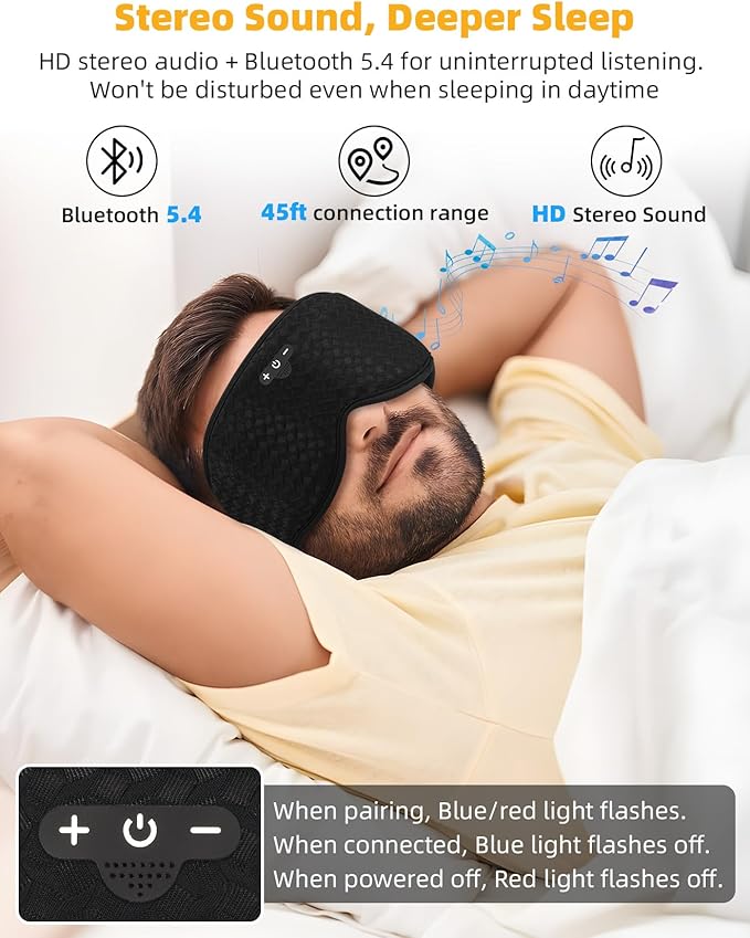 3D Contoured Sleep Mask with Bluetooth Headphones, Adjustable Blackout Sleeping Mask, Easy Installation Sleeping Headphones with Ultra-Thin Stereo Speakers for Men, Women - Dark Blue