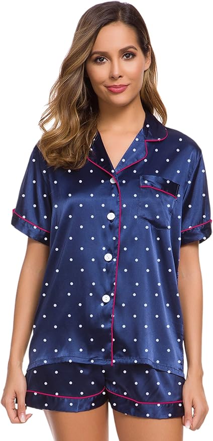 SWOMOG Womens Silk Satin Pajamas Set Short Sleeve Sleepwear Button Down Top and Shorts Loungewear 2 Piece Pjs Set XS-3XL