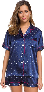 SWOMOG Womens Silk Satin Pajamas Set Short Sleeve Sleepwear Button Down Top and Shorts Loungewear 2 Piece Pjs Set XS-3XL