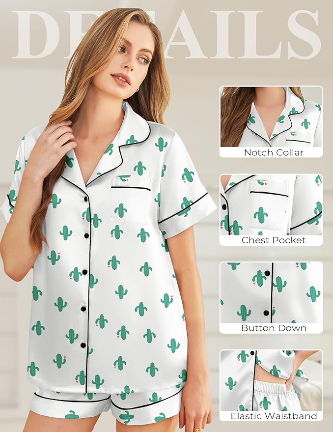 Silk Pajamas for Women Short Sleeve Sleepwear Soft Button Down Loungewear 2 Piece Satin Pjs Shorts Set S-XXL