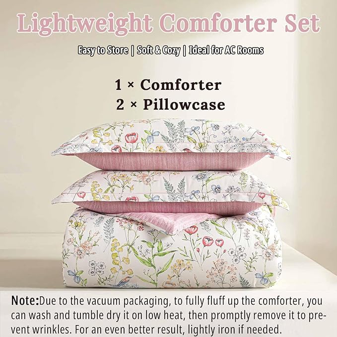 ALEISSEL White Floral Cotton Comforter Queen Size - 3PC Lightweight Bedding Sets with Soft Fill, Vibrant Garden Botanical Patterns, Petal Pink Reversible Design with Feminine Elegance
