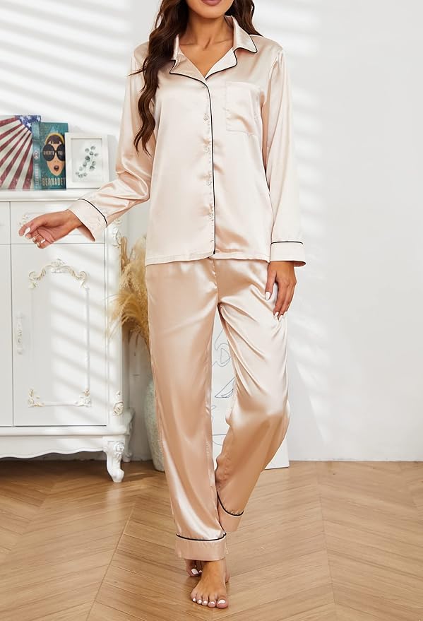 U2SKIIN Women Silk Pajamas Set, Long Sleeve Satin Pajamas for Women Sleepwear Button Down Pjs Set Two-piece