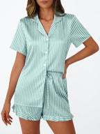 LILLUSORY Womens Satin Silk Pajamas Set 2 Piece Ruffle Pjs Winter Matching Lounge Sleepwear Button Down Striped Shirt Shorts