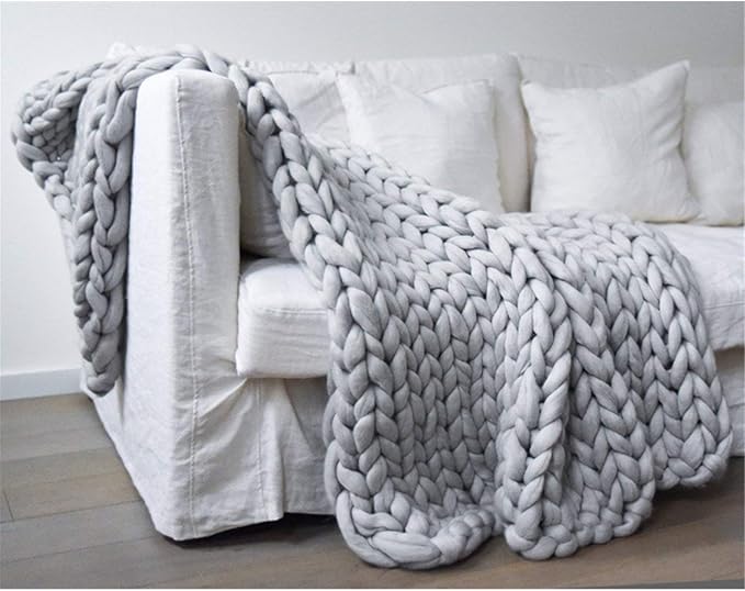 Chunky Knit Blanket Soft Handmade Knitting Throw for Bedroom Sofa Decor Super(Light Gray 47"x71")